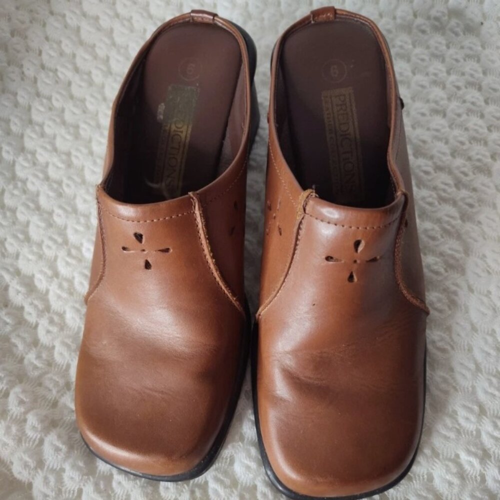 Predictions Leather Collection Brown Slip-on Mule Clogs 2" Heels Shoes Size 6